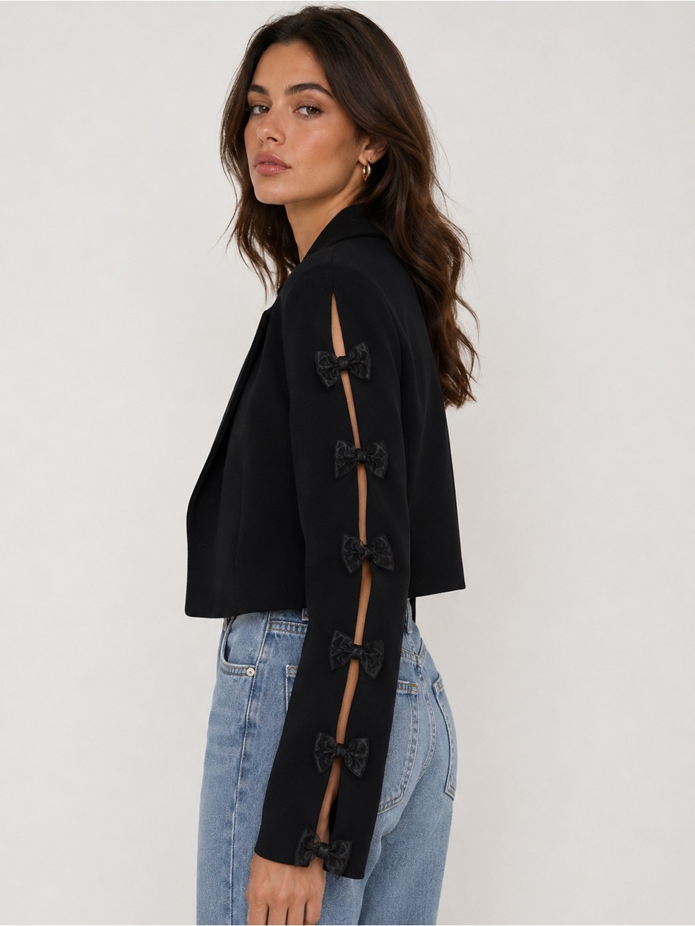 Anthropologie Mare Mare Tulle Bow-Sleeve Cropped Blazer Black